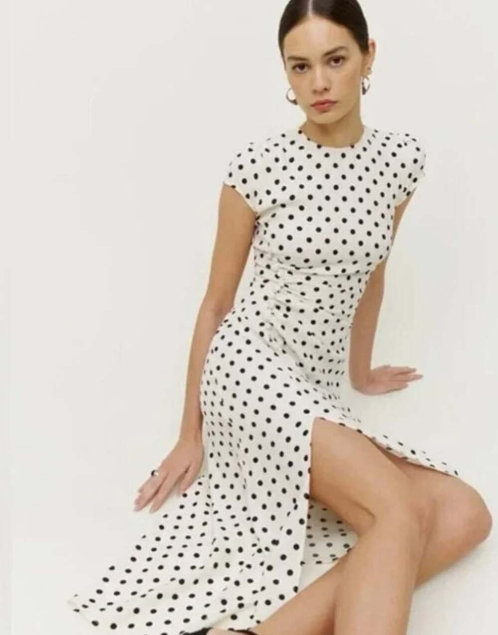 Reformation Frasier Polka Dot Midi Dress in White & Black Size 2 Short Sleeve